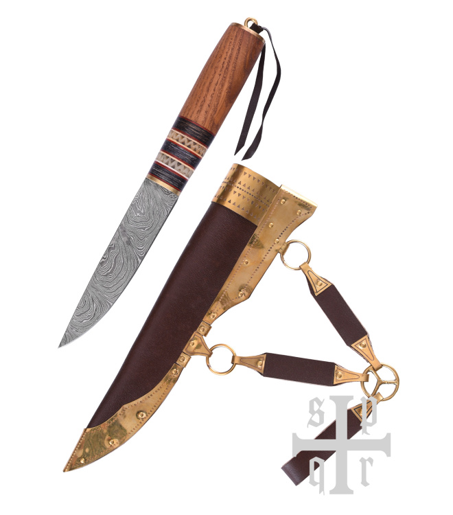 Wikinger-Messer aus Damaststahl, Holzgriff mit Knochenbesatz