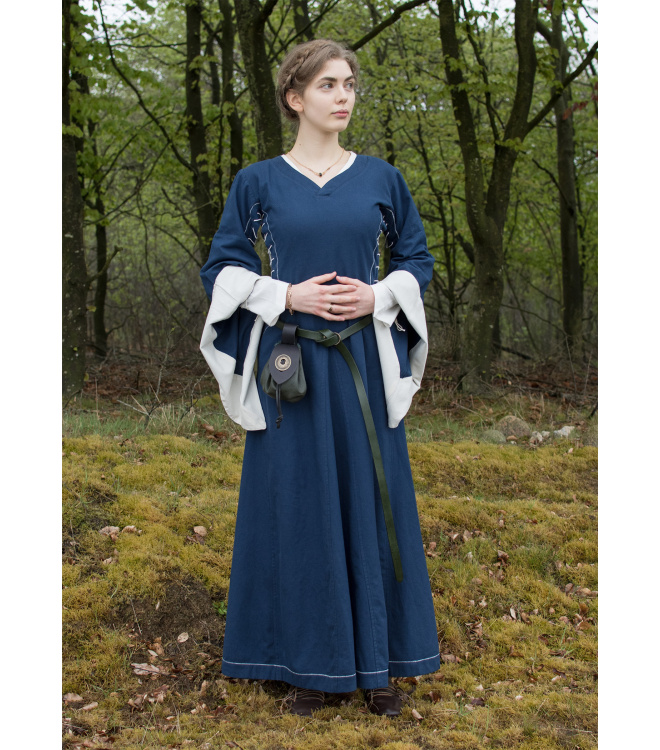 Mittelalterkleid mit Höllenfenstern, Bliaut Amal, blau/natur