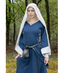 Mittelalterkleid mit Höllenfenstern, Bliaut Amal, blau/natur