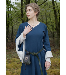Mittelalterkleid mit Höllenfenstern, Bliaut Amal, blau/natur