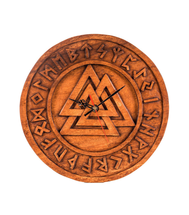 Wanduhr Valknut aus Holz, handgeschnitzt