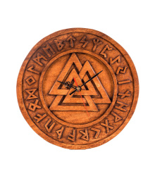 Wanduhr Valknut aus Holz, handgeschnitzt