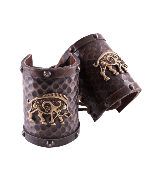 Armschützer aus Leder, Keltisches Wildschwein-Motiv, Paar