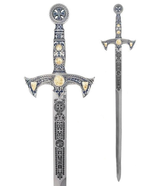 Templer Schwert silber, blau mit Zierätzung
