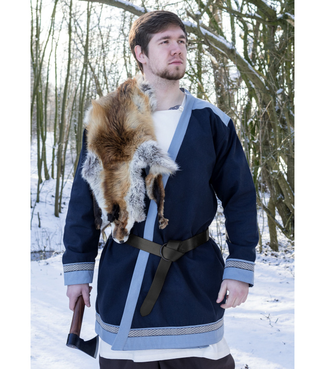 Klappenrock Bjorn, Wikinger-Mantel mit Borte, dunkelblau
