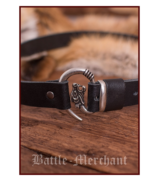 Ledergürtel schwarz mit Wolfskopf - Schnalle silberfarben