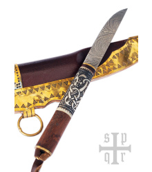 Kleines Wikinger-Messer, Damaststahl, Holz-/Knochengriff mit Schlangenmotiv