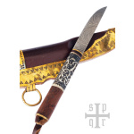 Kleines Wikinger-Messer, Damaststahl, Holz-/Knochengriff mit Schlangenmotiv