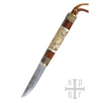 Kleines Wikinger-Messer, Damaststahl, Holz-/Knochengriff mit Torslunda-Motiv