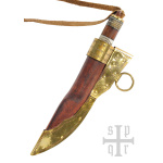 Kleines Wikinger-Messer, Damaststahl, Holz-/Knochengriff mit Torslunda-Motiv