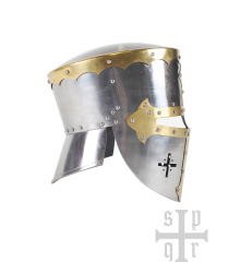 Früher Topfhelm mit Nackenschutz, ca. 1200, 1,2 mm Stahl