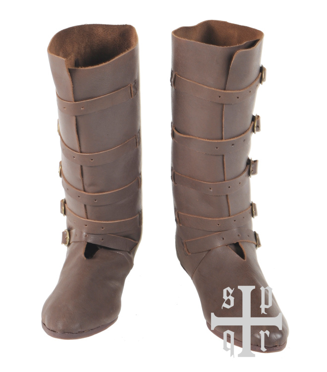 Mittelalterliche Stiefel aus Leder mit Riemenverschluss, 14. Jh.