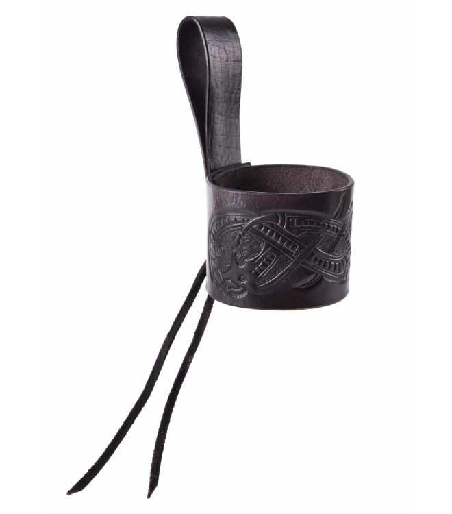 Leder Hornhalter für Trinkhorn, geprägter Drache, Jelling, schwarz, verschiedene Größen