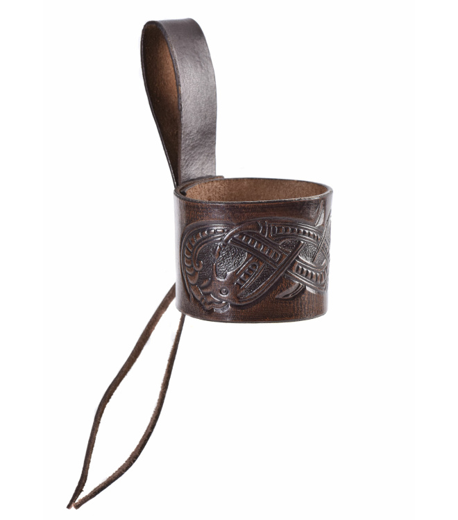 Leder Hornhalter für Trinkhorn, geprägter Drache, Jelling, dunkelbraun, verschiedene Größen