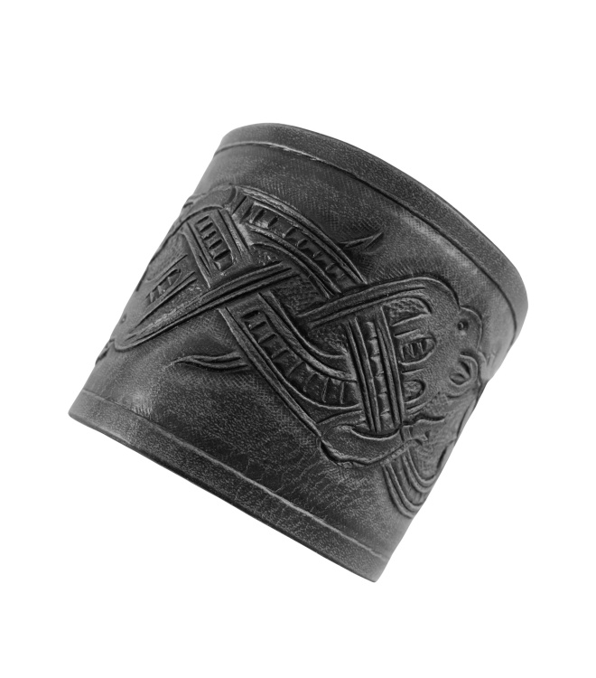 Armschützer aus Leder mit geprägtem Drachenmotiv, Jelling-Stil, schwarz
