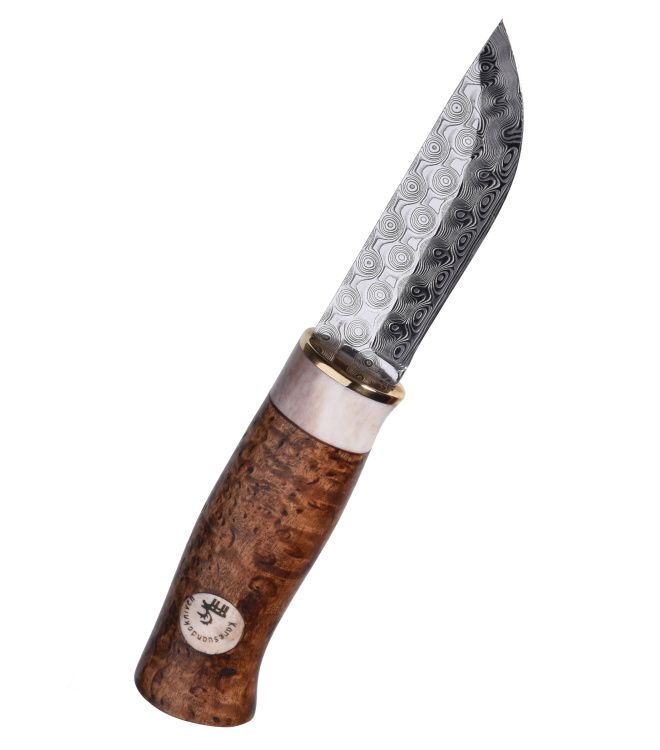 Jagdmesser Älgen Brun Damasteel, Rose, Karesuando