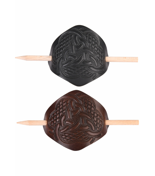 Kleine Haarspange aus Leder mit Knotenmuster & Holzstift
