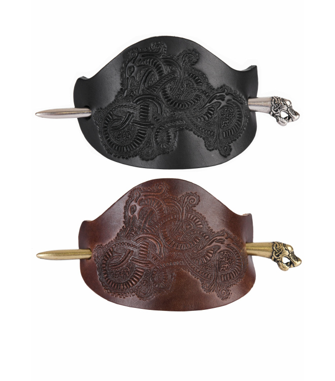 Wikinger-Haarspange Oseberg aus Leder mit silberfarbener Nadel, schwarz