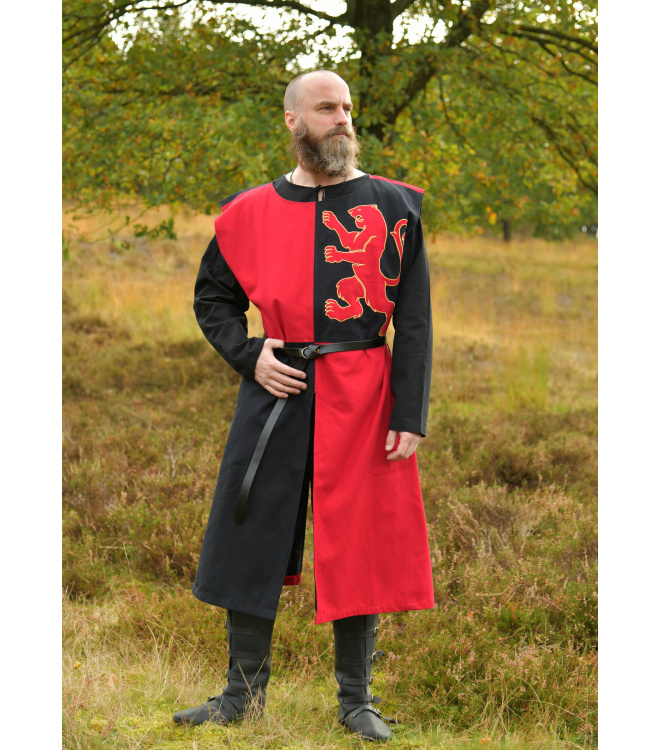 Gefütterter Mittelalter Wappenrock mit Löwe, Mi-Parti, rot - schwarz