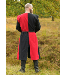 Gefütterter Mittelalter Wappenrock mit Löwe, Mi-Parti, rot - schwarz