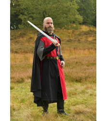 Gefütterter Mittelalter Wappenrock mit Löwe, Mi-Parti, rot - schwarz