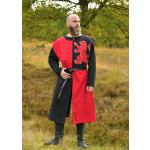 Gefütterter Mittelalter Wappenrock mit Löwe, Mi-Parti, rot - schwarz