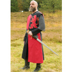 Gefütterter Mittelalter Wappenrock mit Löwe, Mi-Parti, rot - schwarz