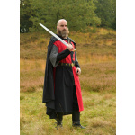 Gefütterter Mittelalter Wappenrock mit Löwe, Mi-Parti, rot - schwarz