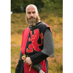 Gefütterter Mittelalter Wappenrock mit Löwe, Mi-Parti, rot - schwarz