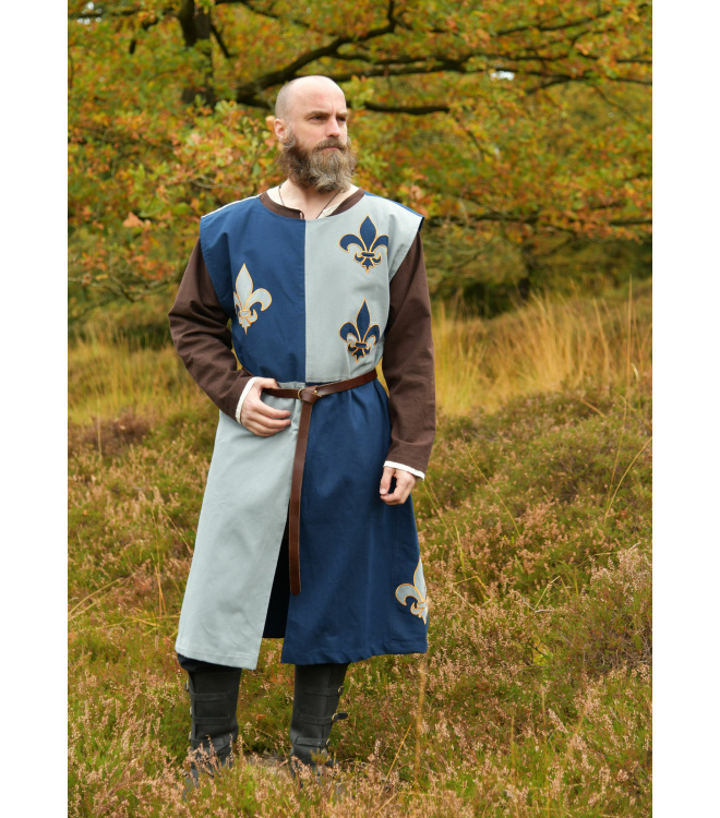 Gefütterter Mittelalter Wappenrock mit Lilie, Mi-Parti, blau - blaugrau