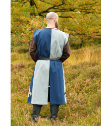 Gefütterter Mittelalter Wappenrock mit Lilie, Mi-Parti, blau - blaugrau