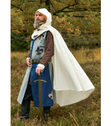 Gefütterter Mittelalter Wappenrock mit Lilie, Mi-Parti, blau - blaugrau