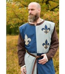 Gefütterter Mittelalter Wappenrock mit Lilie, Mi-Parti, blau - blaugrau