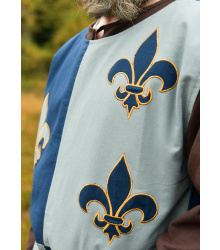 Gefütterter Mittelalter Wappenrock mit Lilie, Mi-Parti, blau - blaugrau