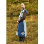 Gefütterter Mittelalter Wappenrock mit Lilie, Mi-Parti, blau - blaugrau