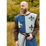 Gefütterter Mittelalter Wappenrock mit Lilie, Mi-Parti, blau - blaugrau