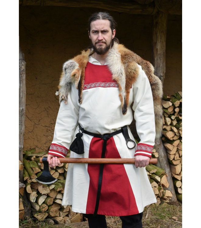 Wikinger Tunika Halvar mit Stickerei, natur/rot