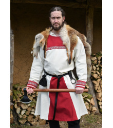 Wikinger Tunika Halvar mit Stickerei, natur/rot