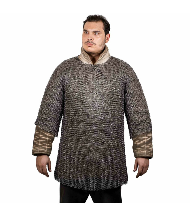 Rundring Kettenhemd mittelalterliches Halbarmhemd Haubergeon, vernietet, ID 10 MM, Kohlenstoffstahl - XL