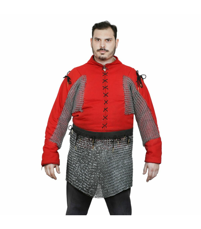 Mittelalterlicher Kettenrock mit gepolstertem Stoffgürtel Rundringe 4-in-1 mit Flachringen, ID 9mm, Kohlenstoffstahl - L