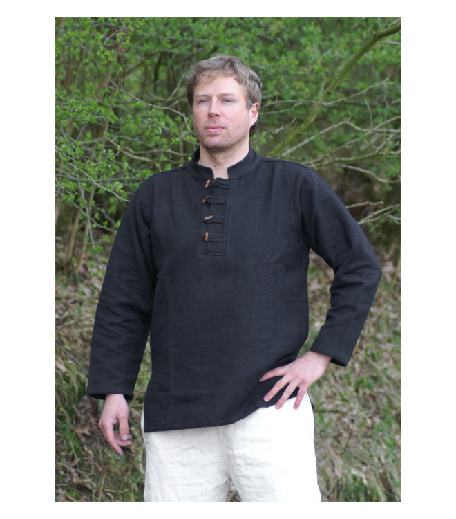 Schweres Mittelalter-Hemd mit Holzknöpfen handgewebt schwarz