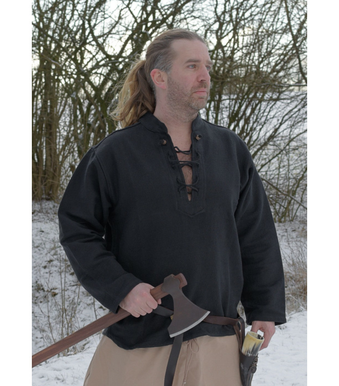 Schweres Mittelalter-Hemd, schnürbar, handgewebt, schwarz