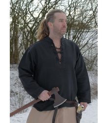 Schweres Mittelalter-Hemd, schnürbar, handgewebt, schwarz