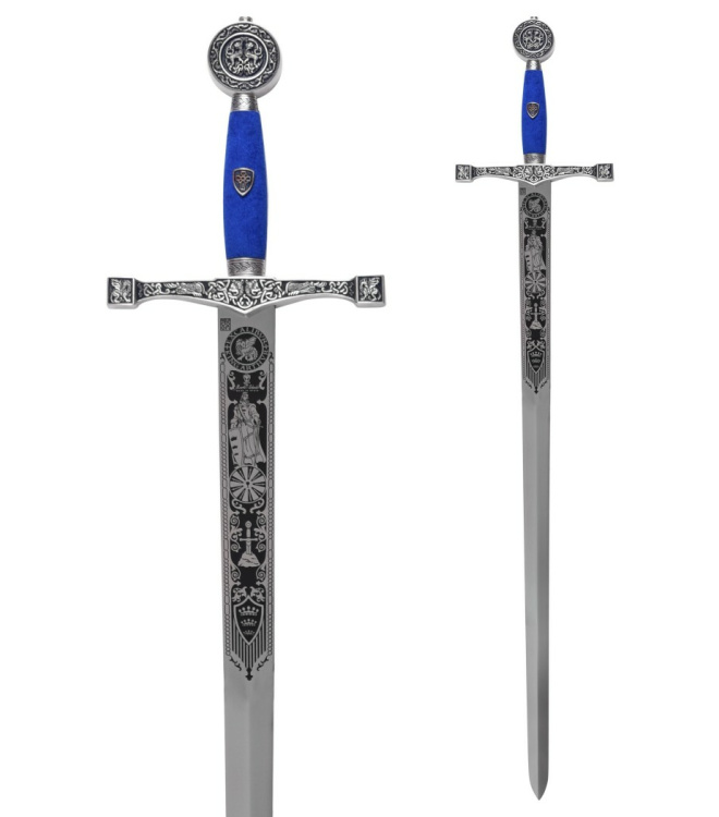 Schwert Excalibur, Silber/Blau, mit Zierätzung, Marto