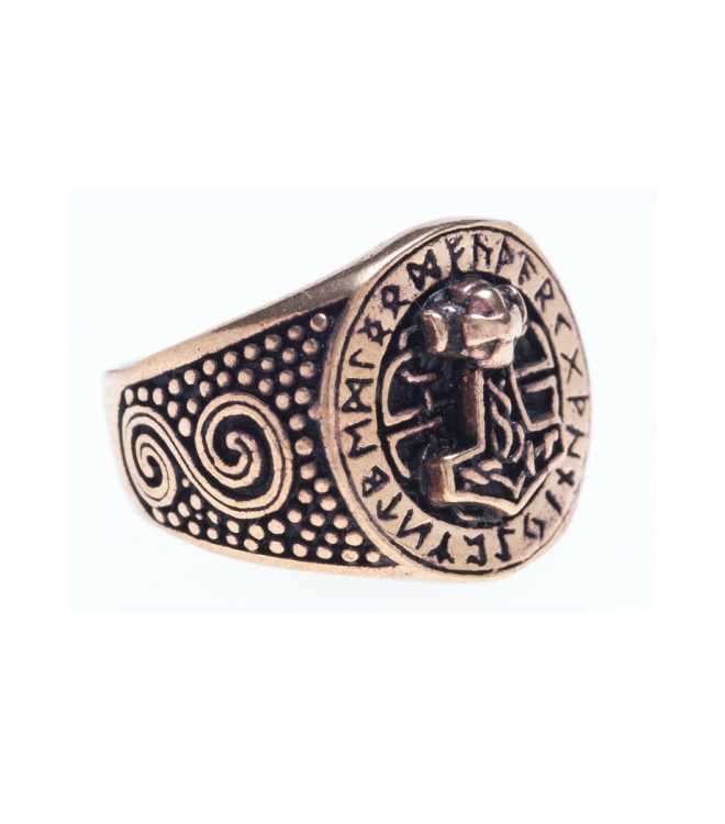 Bronzener Wikingerring mit Runen und Thorshammer