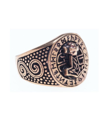 Bronzener Wikingerring mit Runen und Thorshammer